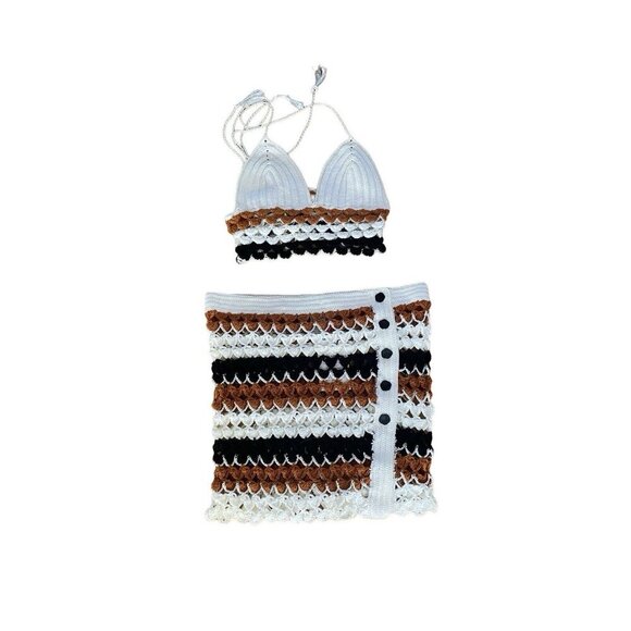 NWT My Beachy Side Crochet Halter Top Bikini Skirt Set White Brown Black Medium - Picture 6 of 12